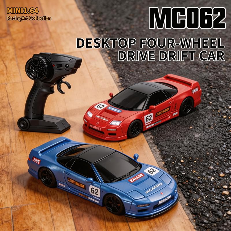 1/64 Scale Mini RC Drift Car, 60 Mins Playtime 2.4GHz Remote Control Car with 2-Speed Modes & LED Lights, Micro 4WD RC Stunt Race Car, (Blue) - color: Blue