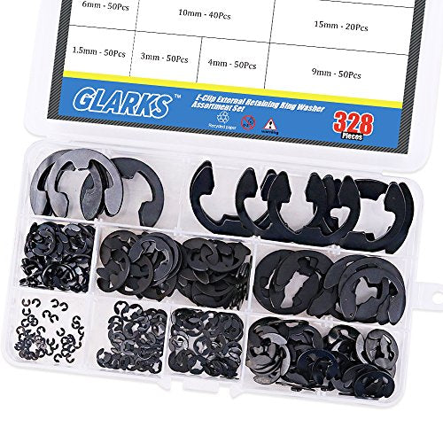 Glarks 328-Pieces 9 Size Black Alloy Steel E-Clip External Retaining Ring Washer Assortment Set