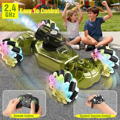 Gesture Sensing Remote Control Car, RC Cars Toys for Boys Age 6-12, 4WD Hand Controlled Twist & Transform 360° Spins Stunt Car with Mist, Light & Music, 8-10 Year Old Boys Birthday Gift Green - color: Green