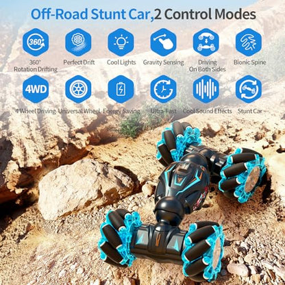 Deejoy 1:12 Gesture Sensing RC Stunt Car, 2.4GHz 4WD Hand Controlled Remote Control Car for Boys 8-12, Double Sided Rotating Off Road Vehicle 360° Flips with Lights Music for Birthday