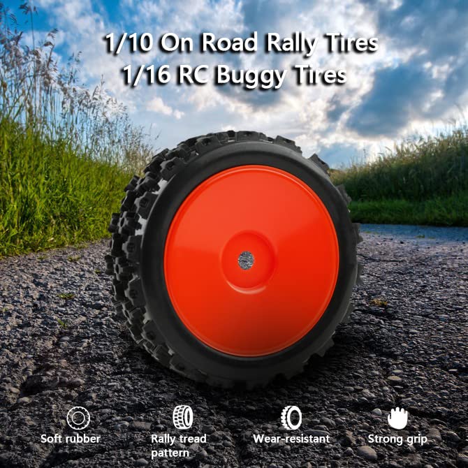 4-Pack RC Rubber Tires 12mm Hex RC Wheels and Tires Set for 1/10 On Road Racing Car 1/14 1/16 Scale Buggy, Red