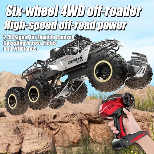 RC Cars, Remote Control Monster Truck - Rock Crawler RC Truck with 2 Rechargeable Batteries, Metal Body, Large Size & LED Headlights, Boy Toys for Kids Ages 4-7 8-12 Birthday Gifts - color: 6 Wheels Silver