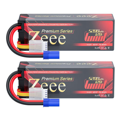 Zeee Premium Series 4S Lipo Battery 5200mAh LCG Hard Case Batttery Height 37mm 14.8V 120C with EC5 Connector for RC Car Truck Tank RC Buggy Truggy Racing Models (2 Pack)