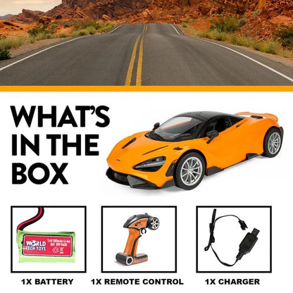 World Tech Toys McLaren 765LT 1:10 RTR Electric RC Car – Officially Licensed McLaren – 2.4GHz Full Function Remote Control with Rechargeable Battery – 16" L x 7.5" W x 4" H – Kids 6+