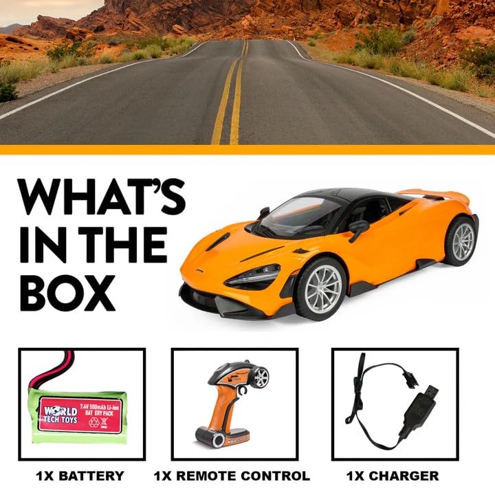 World Tech Toys McLaren 765LT 1:10 RTR Electric RC Car – Officially Licensed McLaren – 2.4GHz Full Function Remote Control with Rechargeable Battery – 16" L x 7.5" W x 4" H – Kids 6+