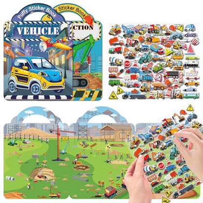 Elfew 2 Pack Puffy Vehicle Sticker Books for Toddlers Ages 2-4 3-5 | Extra-Large Tri-Fold Sticker Book, Construction Truck and Car Theme, Over 100+ Stickers, 3D Reusable, Activity Gifts for Boy - color: Construction and Vehicle