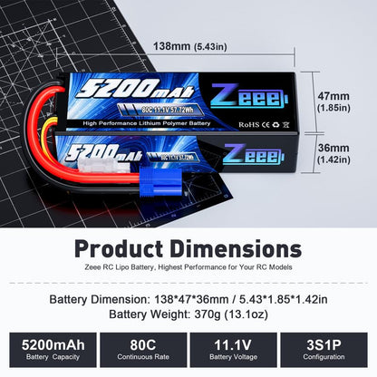 Zeee 3S Lipo Battery 5200mAh 11.1V 80C Hard Case RC Lipo with EC5 Connector for 1/5 1/8 1/10 RC Car Boat Truck Heli Airplane UAV Drone FPV Racing Models(2 Packs)
