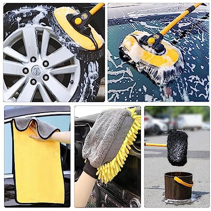 57'' Car Wash Brush with Long Handle Chenille Microfiber Car Wash Kit， Mitt Retractable Bent Pole Car Wash Brush for Cars RV Truck Boat (Yellow) - color: Yellow