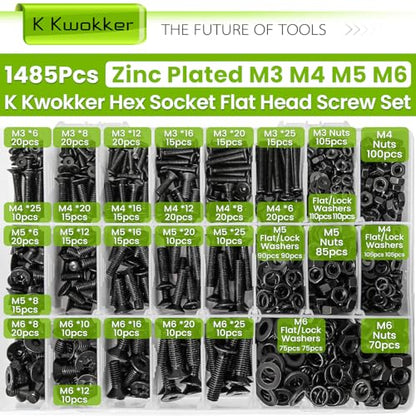 M3 M4 M5 M6 Nuts and Bolts Assortment Kit, Hex Socket Flat Head 24 Size 6-25mm Metric Bolt Assortment, Upgraded Zinc Plated Screw Set Machine Screws, Bolts and Nuts Kit w/Washers, 1485Pcs - size: F. M3 M4 M5 M6