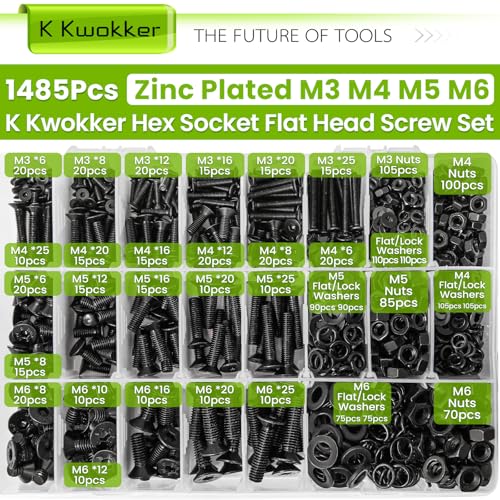 M3 M4 M5 M6 Nuts and Bolts Assortment Kit, Hex Socket Flat Head 24 Size 6-25mm Metric Bolt Assortment, Upgraded Zinc Plated Screw Set Machine Screws, Bolts and Nuts Kit w/Washers, 1485Pcs - size: F. M3 M4 M5 M6
