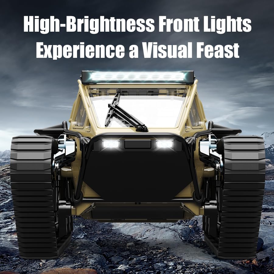 RC Tank Car, 1:16 Remote Control Crawler 10KM/H High Speed Tank, 2.4Ghz RC Rock Crawler Off-Road 4WD 360°Rotating Drifting Car with 2 Batteries, Military Truck Toy for Kids
