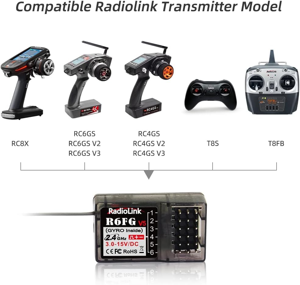 DTXMX R6FG 6CH Receiver, for RC Transmitter Radiolink RC4GS V3/ RC6GS V3 | 6 Channels 2.4GHz | Gyro Receiver