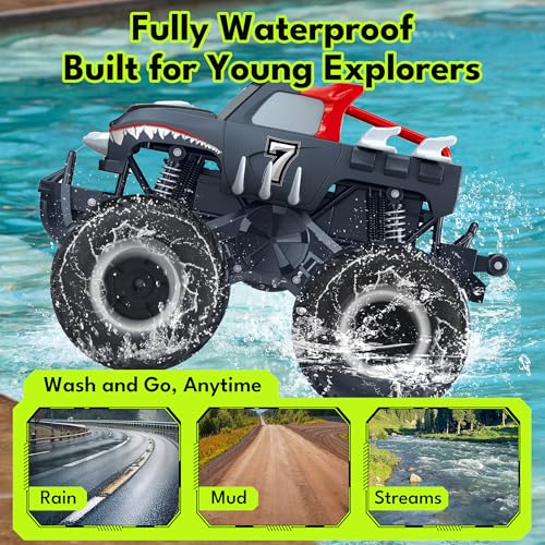 Threeking 1:16 Amphibious Monster Truck All Terrain Remote Control Car Toys | Waterproof Durable 4WD Off-Road RC Crawler Cars Pick-Up Unique Toy Gifts for Boys Girls Ages 6-12 - color: Pickup-red