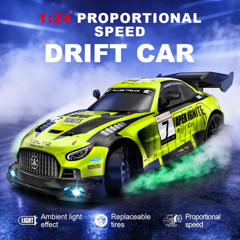 Remote Control Car, 2.4GHz RC Drift Cars 4WD High Speed Racing Sport Vehicle with 2 Rechargeable Batteries, LED Headlights, 1:24 Scale Racing Hobby Toys Cars for Boys Girls Kids Age 8-12 Birthday Gift - color: Green
