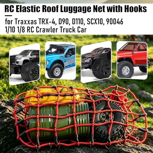 1/10 RC Elastic Cargo Net with Hooks, 240×140mm Roof Luggage Net for SCX10 | Compatible with 1/10 1/8 Traxxas TRX-4, D90, D110, SCX10, 90046 1/10 1/8 Crawler Truck Buggy Rack Accessories (Red) - color: Red