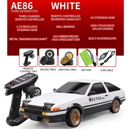 1:18 AE86 Model LD1801 RC Drift Car 1/18 2.4G Remote Control on Road ESP Gyroscope LED Mini RC Racing Cars (White)