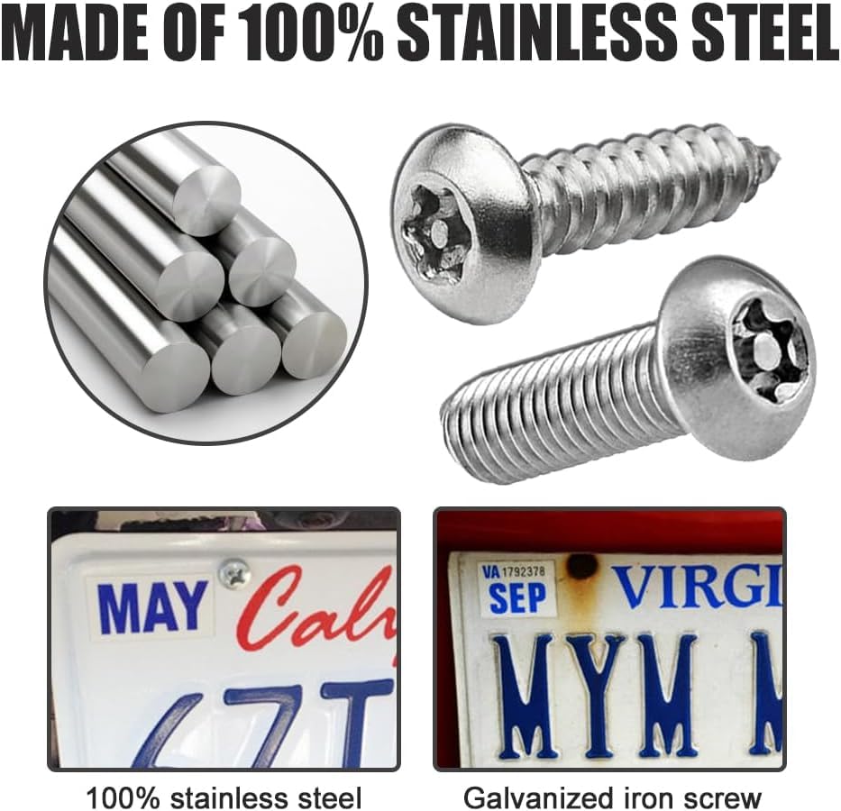 Anti Theft License Plate Screws, Tamper Resistant Licence Plate Kit, 1/4"(M6) Security Screws, Rust Proof Stainless Steel Bolts Fasteners Kit for Front Rear Frame Holder Mounting (Silver) - color: Silver