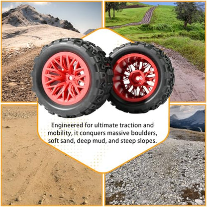 Pre-Glued 1/16 & 1/18 RC Monster Truck Rubber Tire & Nylon Wheel - 12mm Hex | Rubber Tires with Foam Fits for ARRMA 1/18 Granite/Typhon Grom, WLtoys A949, MJX Hyper Go H16 (4PCS, Red) - color: Red