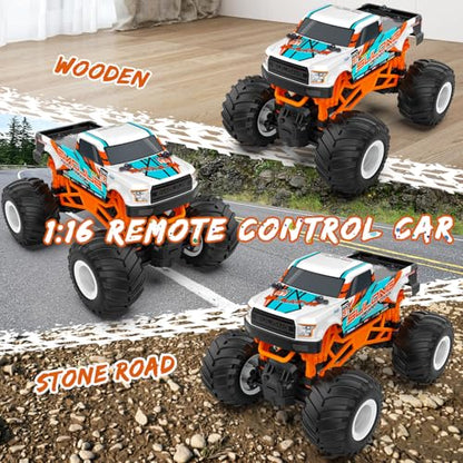 Remote Control Car, 1:16 Scale RC Monster Truck for Boys, 2.4 GHz All Terrain RC Cars for Boys Girls 4-7 8-12, 20 Km/h Off Road RC Truck, Christmas Birthday Gift for Kids and Adult, Orange