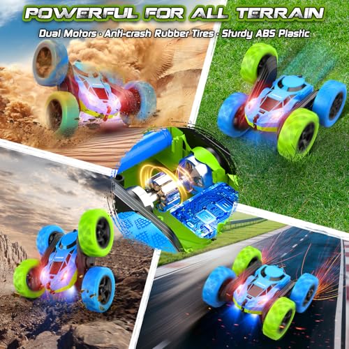 cosone Blue Green RC Car for Kids | Rechargeable Remote Control, 360° Rotation Stunt Car, Double-Sided Driving, LED Lights, 2.4GHz Off Road - color: Blue&green Pro
