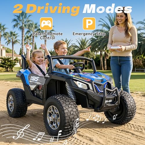 XXXL 4WD 24V Ride on Toys for Big Kids 3-14, Max 5.5Mph & 220 lbs Load,Blue | Adjustable 22” 2 seater ride on car for kids, 15" eva all-terrain tires, remote control, led lights, smooth shock absorbers - color: Blue
