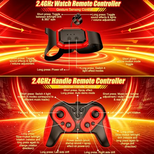 Gesture Sensing RC Stunt Car, 2.4GHz 4WD Remote Control Car for Kids 4-12 | 50 Min Play Time Dual Batteries, 360° Spinning Drift, Mist Spray & LED Wheels, Birthday Gift, Party Gifts for Kids Boys , Red - color: 4-red