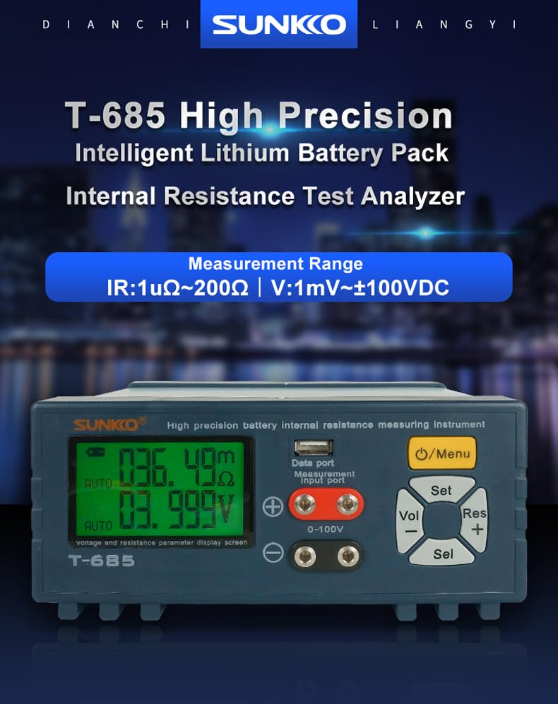 High Precision Lithium Battery Internal Resistance Tester, Intelligent Battery Pack Analyzer, IR 1uΩ-200Ω, Voltage 1mV-±100VDC, AC/DC Resistance Measurement, T-685