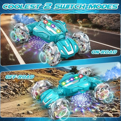 Gesture Sensing RC Stunt Car, Boys Toys Age 6-12, 4WD Hand Controlled Remote Control Car with Light & Music, 360°Rotation Christmas Birthday Gift for Boys Girls Age 6 7 8 9 10 11+(Lagon Blue) - color: Silver