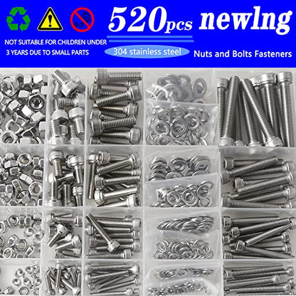newlng Screws and Nuts M3 M4 M5 M6 Bolts and Nuts kit 520pcs 304 Stainless Steel Metric Hex Socket Head Cap Machine Screws Flat Washers Spring Washers Assortment Kit - size: E M3456