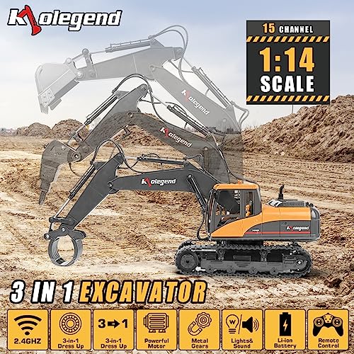 3 in 1 Remote Control Excavator Toy 1/14 Scale RC Excavator, 15 Channel Upgrade Full Functional Construction Vehicles with Tools Metal Breaker and Electric Gripper(Yellow/Black) - size: Medium