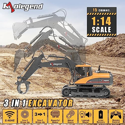 3 in 1 Remote Control Excavator Toy 1/14 Scale RC Excavator, 15 Channel Upgrade Full Functional Construction Vehicles with Tools Metal Breaker and Electric Gripper(Yellow/Black) - size: Medium