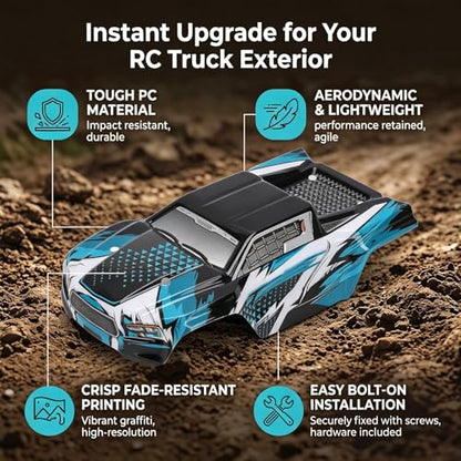 Aramox RC Car Truck Body Shell, RC Car Cover Graffiti Design PC Aerodynamic Shell with Installation Pins for 1/16 4W D High Speed SCY16101 16102 PRO (Blue) - color: Blue