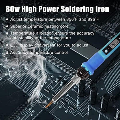 LDK 80W Soldering Iron Kit, LCD Digital Soldering Welding Tool with Ceramic Heater Stable Temperature for DIY and Professional Use - color: Digital 80w Blue
