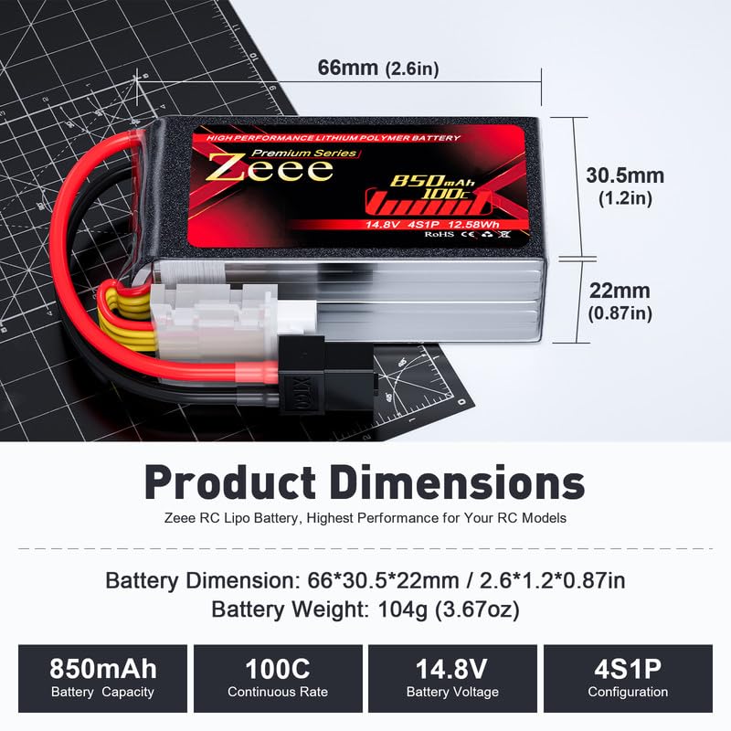 Zeee Premium Series 4S Lipo Battery 850mAh 14.8V 100C FPV Batteries with XT60 Plug for Racing Drone Quadcopter Helicopter Airplane RC Boat RC Car RC Models(2 Pack)
