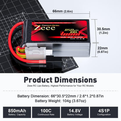 Zeee Premium Series 4S Lipo Battery 850mAh 14.8V 100C FPV Batteries with XT60 Plug for Racing Drone Quadcopter Helicopter Airplane RC Boat RC Car RC Models(2 Pack)