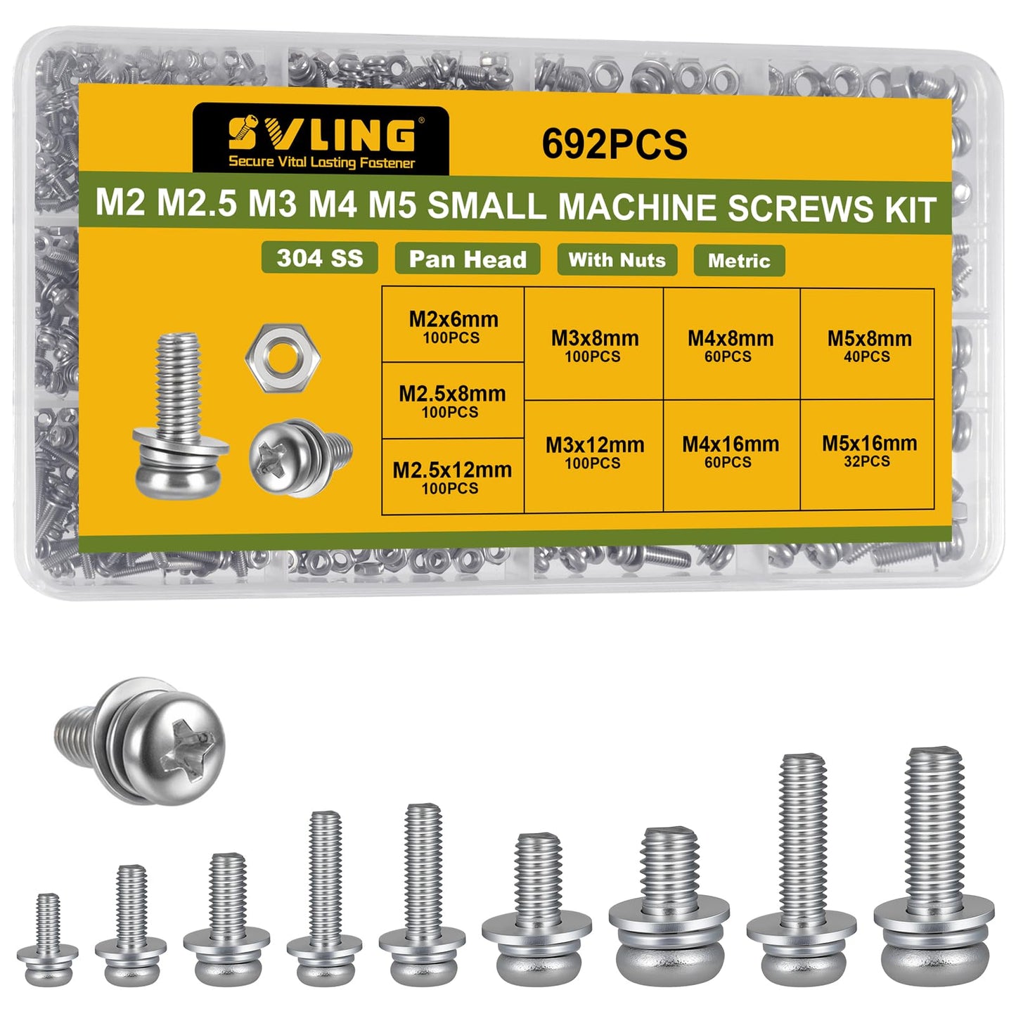 692Pcs Machine Screws Assortment Kit,Metric Nut and Bolt Assorted M2 M2.5 M3 M4 M5,304 Stainless Steel Phillips Pan Head Small Combination Screw with Fixed Washers(All-in-One Design) - size: M2/2.5/3/4/5 692PCS Machine SS