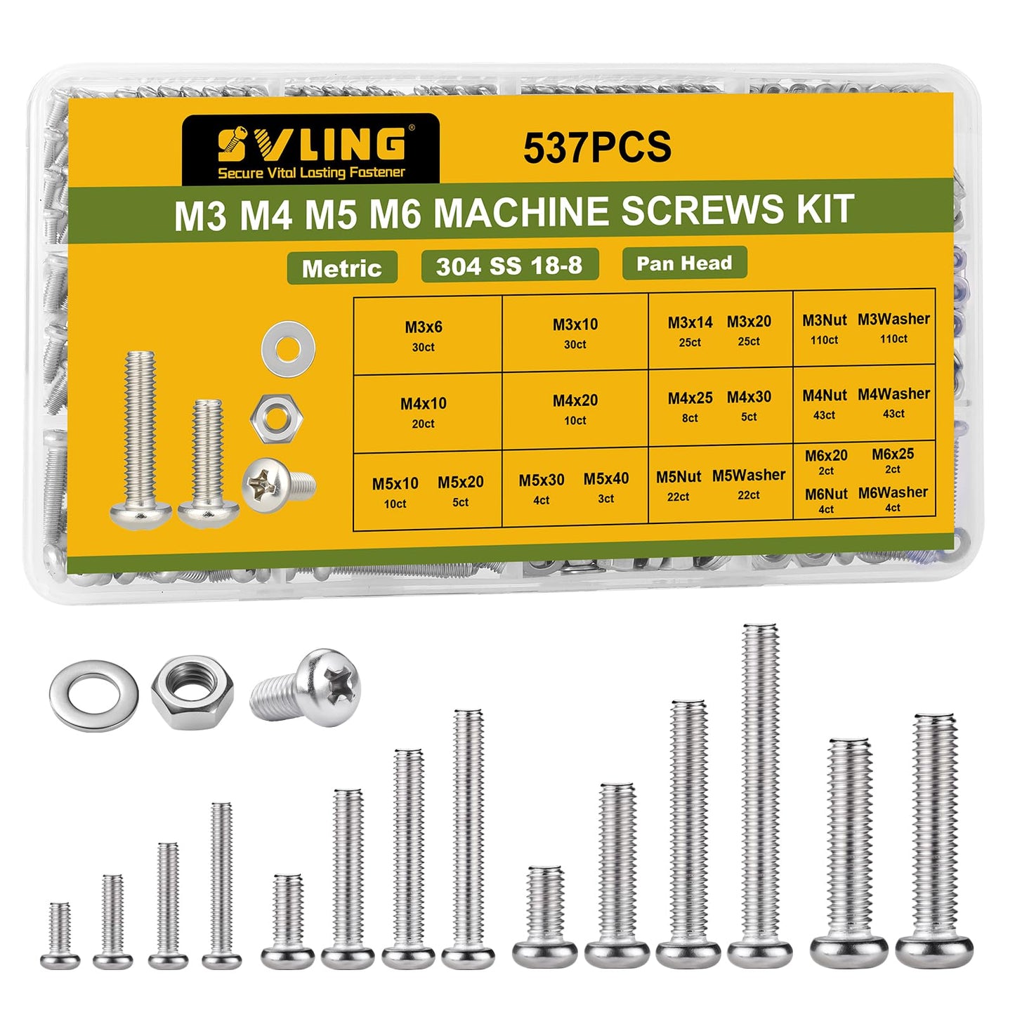 537Pcs M3 M4 M5 M6 Bolts Assortment Kit, Metric Machine Screws Phillips Pan Head Nuts Bolts Washer Assortment Kit, 304 Stainless Steel for Household Repairs,Electrical Wall Plate Switch - size: M3/4/5/6 537PCS Machine SS
