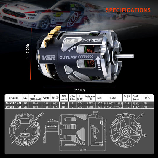 Surpass Hobby 540 V5R Sensored Brushless Motor,3880KV Competition Level Motor with Shaft 3.175 Use for 1:10 RC Car (13.5T) - style: Outlaw 13.5T