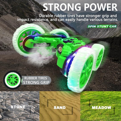Rc Stunt Cars, Remote Control Cars with Sides Light Strip & 360° Flips Rotating Spray, Double Sided 2.4Ghz All Terrain Toy for Kids Ages 6-12 Year Old Gift (Green) - color: Green