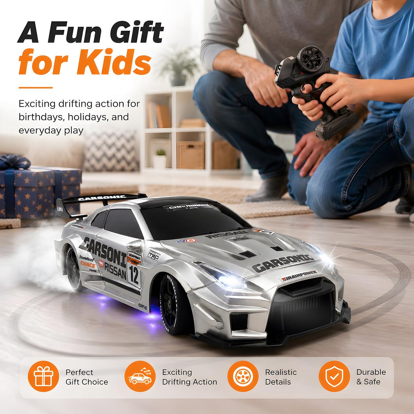 1:24 RC Drift Car for Kids,4WD 2.4GHz 28KM/H High Speed Remote Control Car, Racing Sport Toy Car with LED Lights,Drifting Tires＆Two Batteries (Gray-36A) - color: Gray-36a