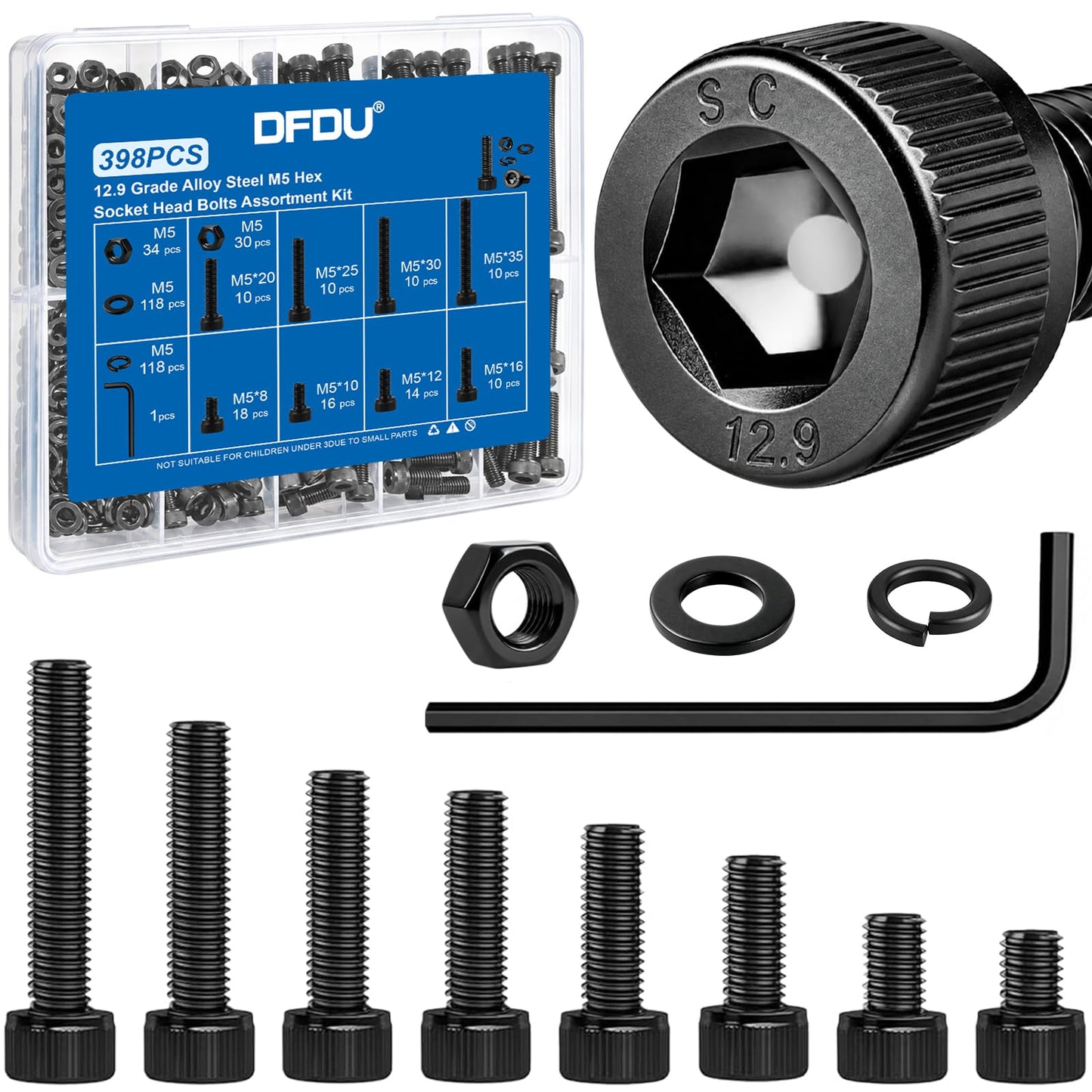 398PCS M5 Socket Head Cap Bolts Kit with Nuts, Flat & Spring Washers | 12.9 Grade Alloy Steel Black Zinc Plated Screws M5-0.8 x8/10/12/16/20/25/30/35 mm Metric Fastener for 3D printer, Furniture - size: G12.9 M5 398PCS