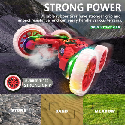 Rc Stunt Cars, Remote Control Cars with Sides Light Strip & 360° Flips Rotating Spray, Double Sided 2.4Ghz All Terrain Toy for Kids Ages 6-12 Year Old Gift (red) - color: Red