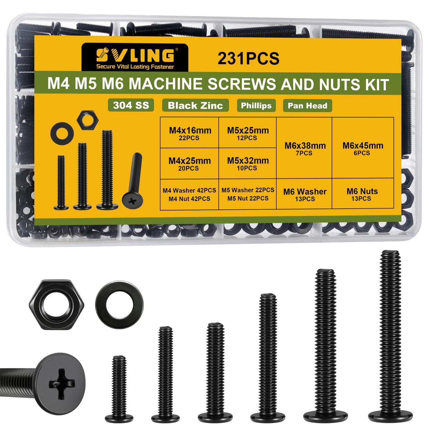 231Pcs Machine Screws and Nuts Assortment Kit,M4 M5 M6 Phillips Flat Round Head 304 Stainless Steel Metric Nuts and Bolts Washers Kit Black,for Wall Plate Switch/Furniture Assembly - size: M4/5/6 231PCS SS Machine Black