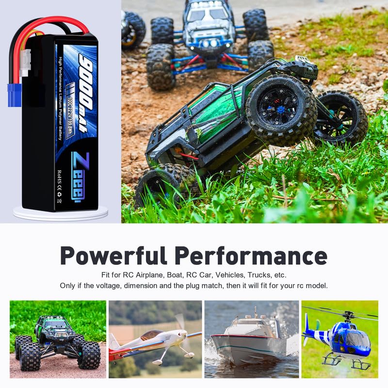 Zeee 6S Lipo Battery 9000mAh 22.2V 100C Soft Case RC Battery EC5 Connector with Metal Plates for RC Car Truck Desert Racer RC Tank RC Hobbies(2 Pack)
