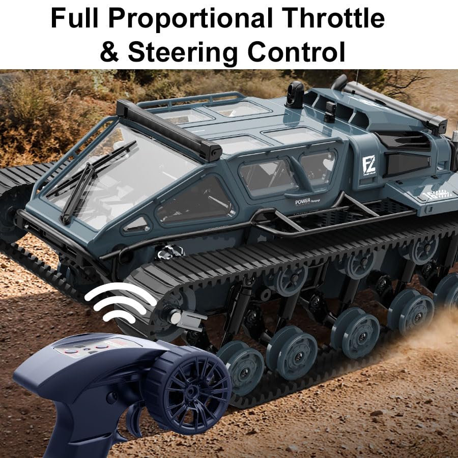 2.4G Fully Proportional Remote Control Tank - Rock Crawler RC Truck 4x4 Off Road Military Vehicle with 2 Batteries, All Terrain Drift Army Truck with Cool Lights, Great Gift for Kids Boys