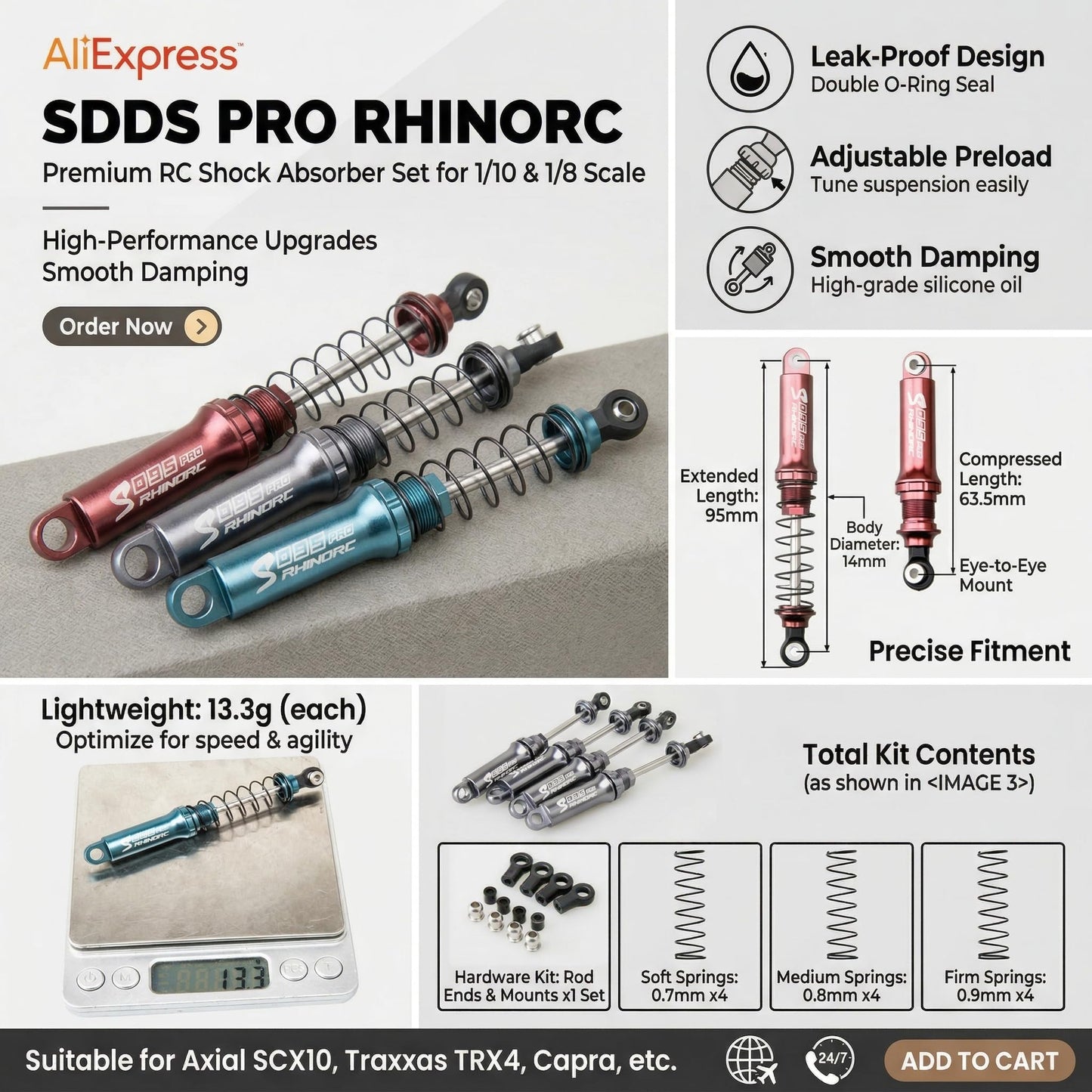 RC Shock Absorber S095 Pro-P4,4PCS 95mm,1/10 Scale Adjustable Shocks for 2-4KG MOA Shafty Axial SCX10 TRX-4 Crawler Trucks Upgrade Parts(S095 Pro-P4) - color: S095 Pro-P4