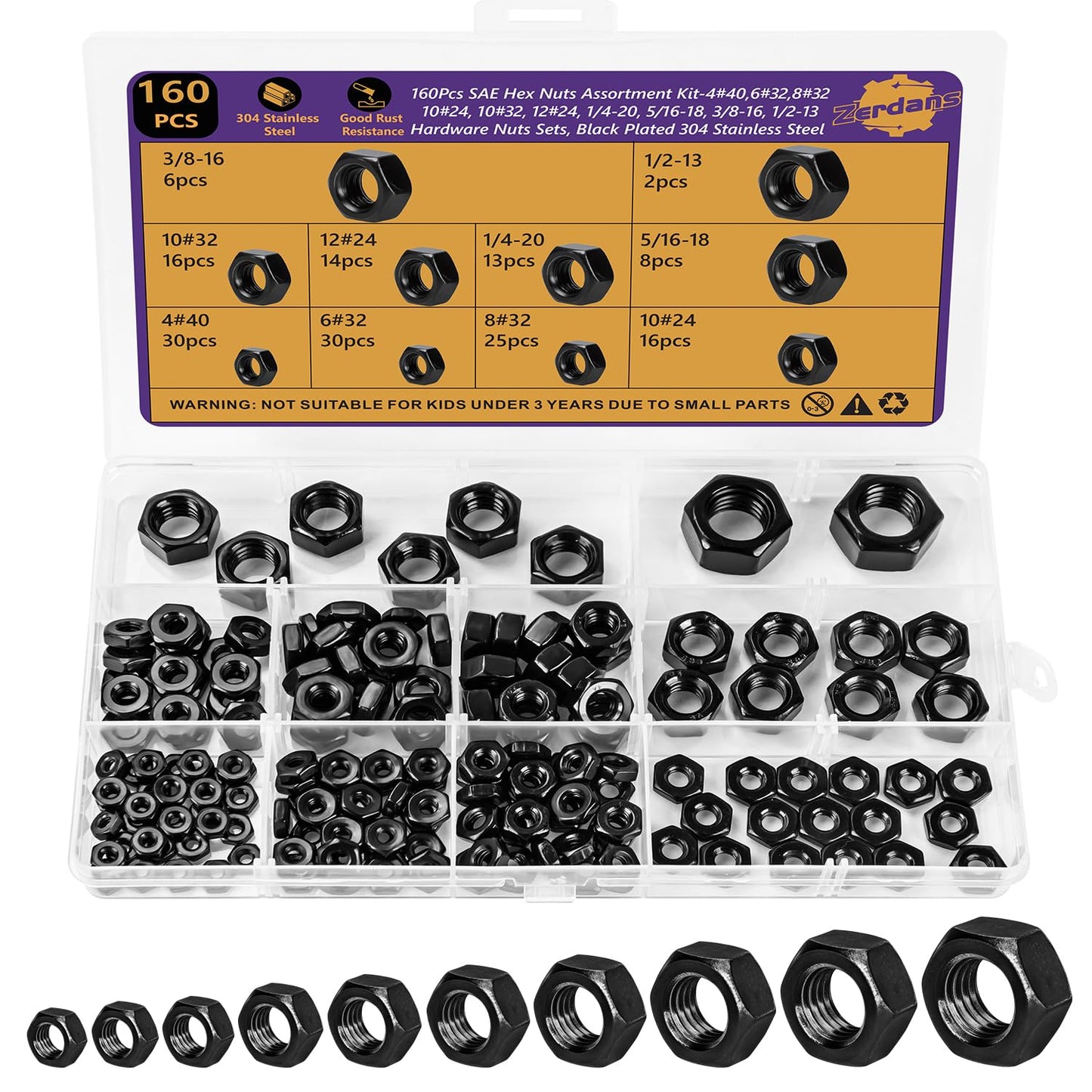 160Pcs SAE Hex Nut Assortment Kit - #4-40, #6-32, #8-32, #10-24, #10-32, #12-24, 1/4“-20, 5/16”-18,3/8“-16,1/2”-13-304 Stainless Steel Black Oxide Hardware Nuts Sets for Electronics, Mechanics & DIY - size: 160Pcs SAE Mixed Sizes Black