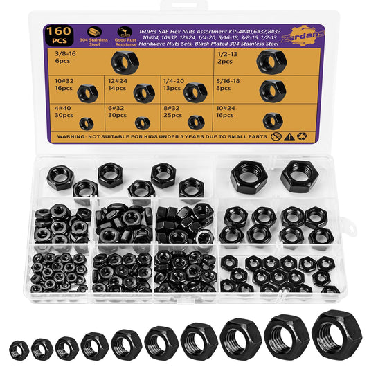 160Pcs SAE Hex Nut Assortment Kit - #4-40, #6-32, #8-32, #10-24, #10-32, #12-24, 1/4“-20, 5/16”-18,3/8“-16,1/2”-13-304 Stainless Steel Black Oxide Hardware Nuts Sets for Electronics, Mechanics & DIY - size: 160Pcs SAE Mixed Sizes Black