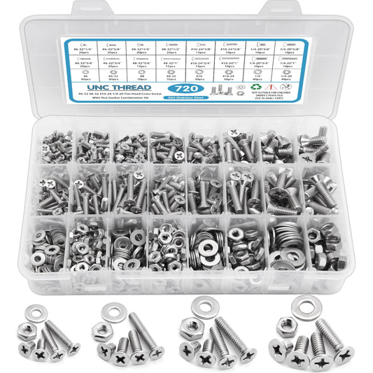 720Pcs Nuts and Bolts Assortment Kit, Machine Screws,SATANTECH #6-32#8-32#10-24#1/4-20 Stainless Steel Screws Set, Phillips Flat Head 16 SAE Sizes Assorted Nuts Bolts Washers with Labeled Case - color: Flat Head Machine Screw kit